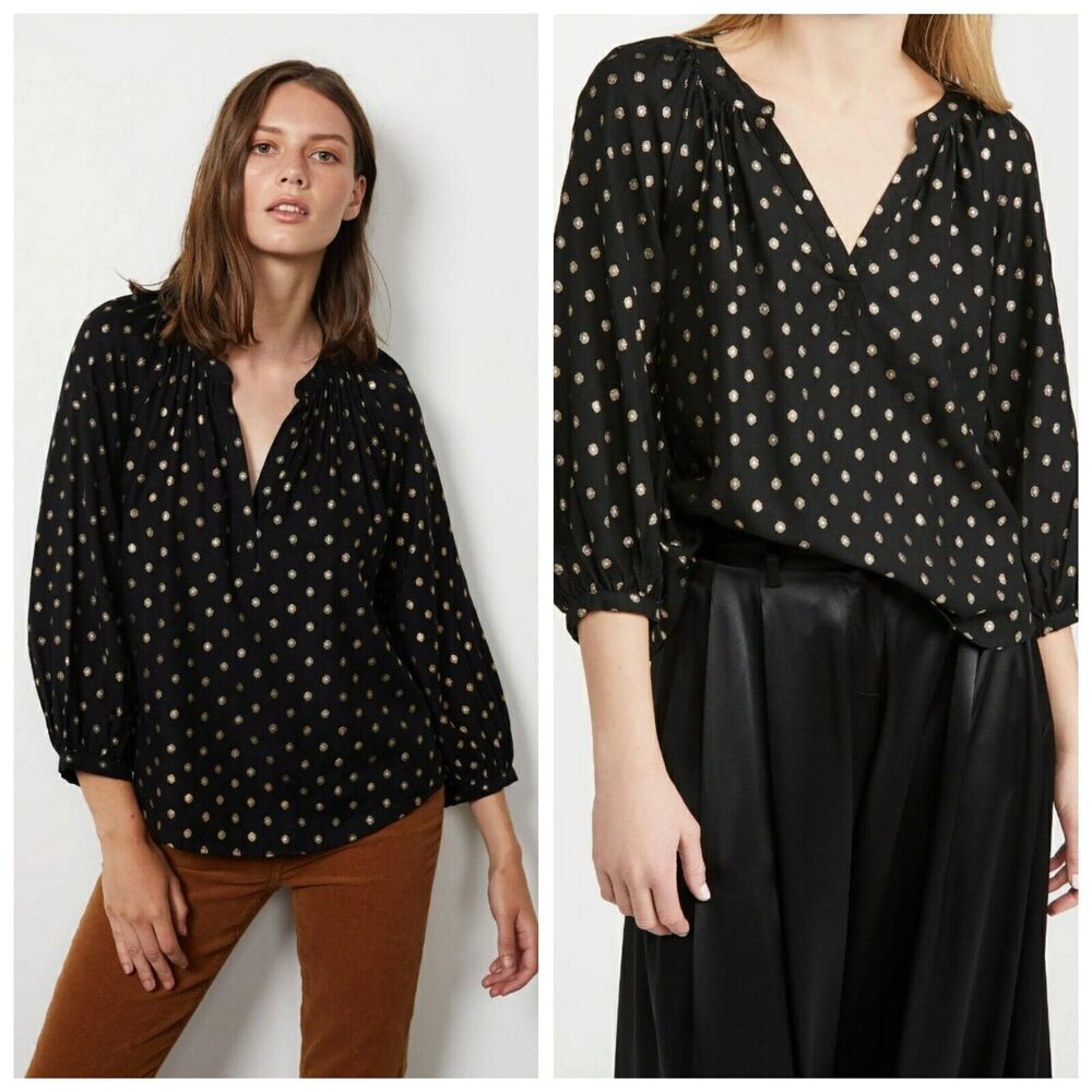 Velvet Graham & Spencer Black Gold Blouse V-Neck Womens X-Small Polka Dot